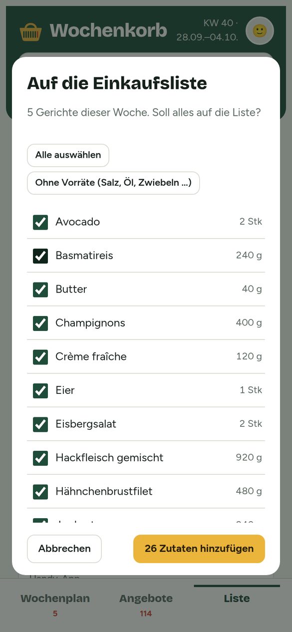 Einkaufsliste mit Mengen für vier Personen