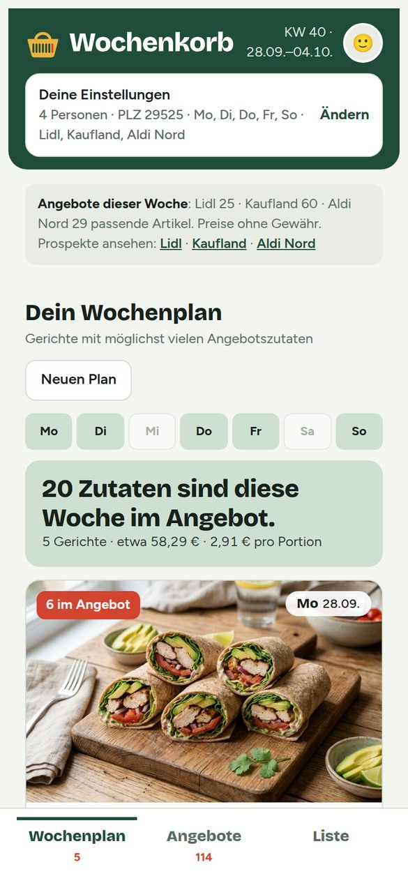 Wochenkorb-App: Wochenplan für 4 Personen in 29525 Uelzen mit Angeboten von Lidl, Kaufland und Aldi Nord